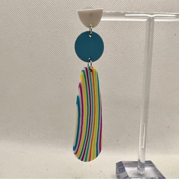 Boho Style Lightweight White Blue Soft Clay Statement Drop Earrings Stripes - Picture 5 of 12